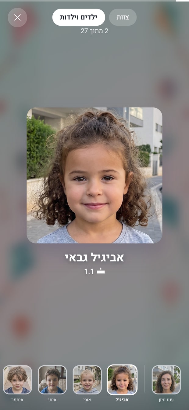 האתר הפרטי בטלפון: תמונת פנים מוגדלת, עם מעבר בהחלקה בין כל הילדים